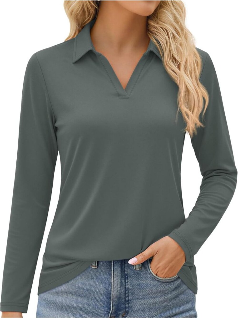 Women's Dark Grey V Neck UPF 50+ Long Sleeve Polo Shirt Quick Dry Workout Tops